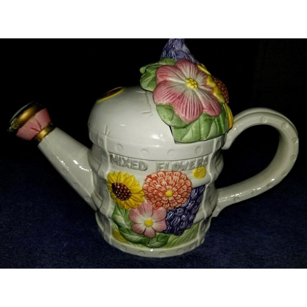 1993 Fitz & Floyd Omnibus Seeds Of Spring Watering Can Flower Teapot Cookie Jar
